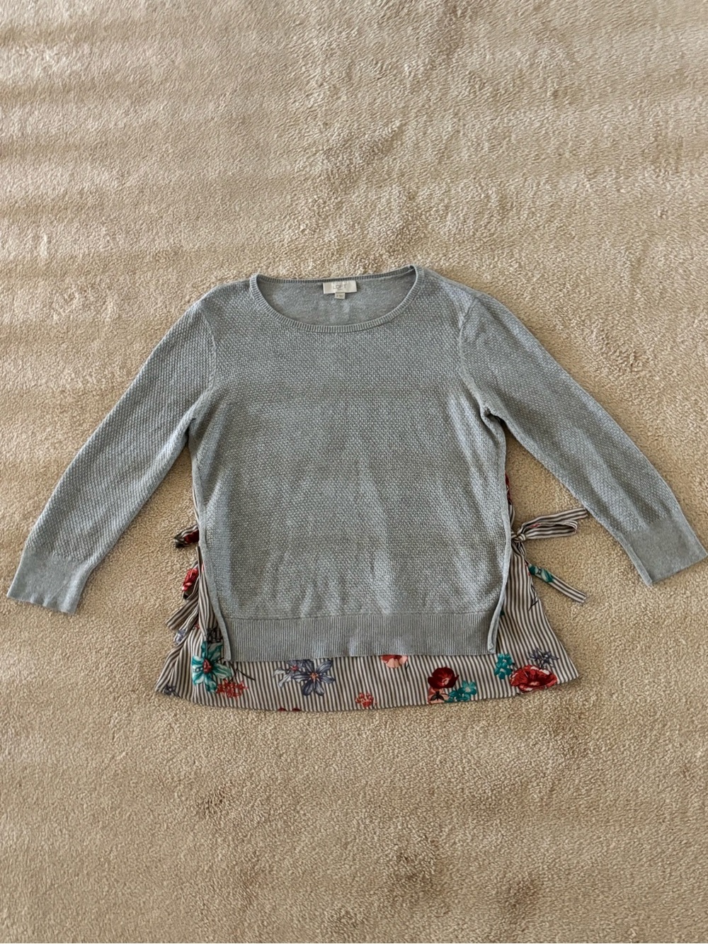 LOFT Light Gray Layered Hem Floral-Trim Sweater